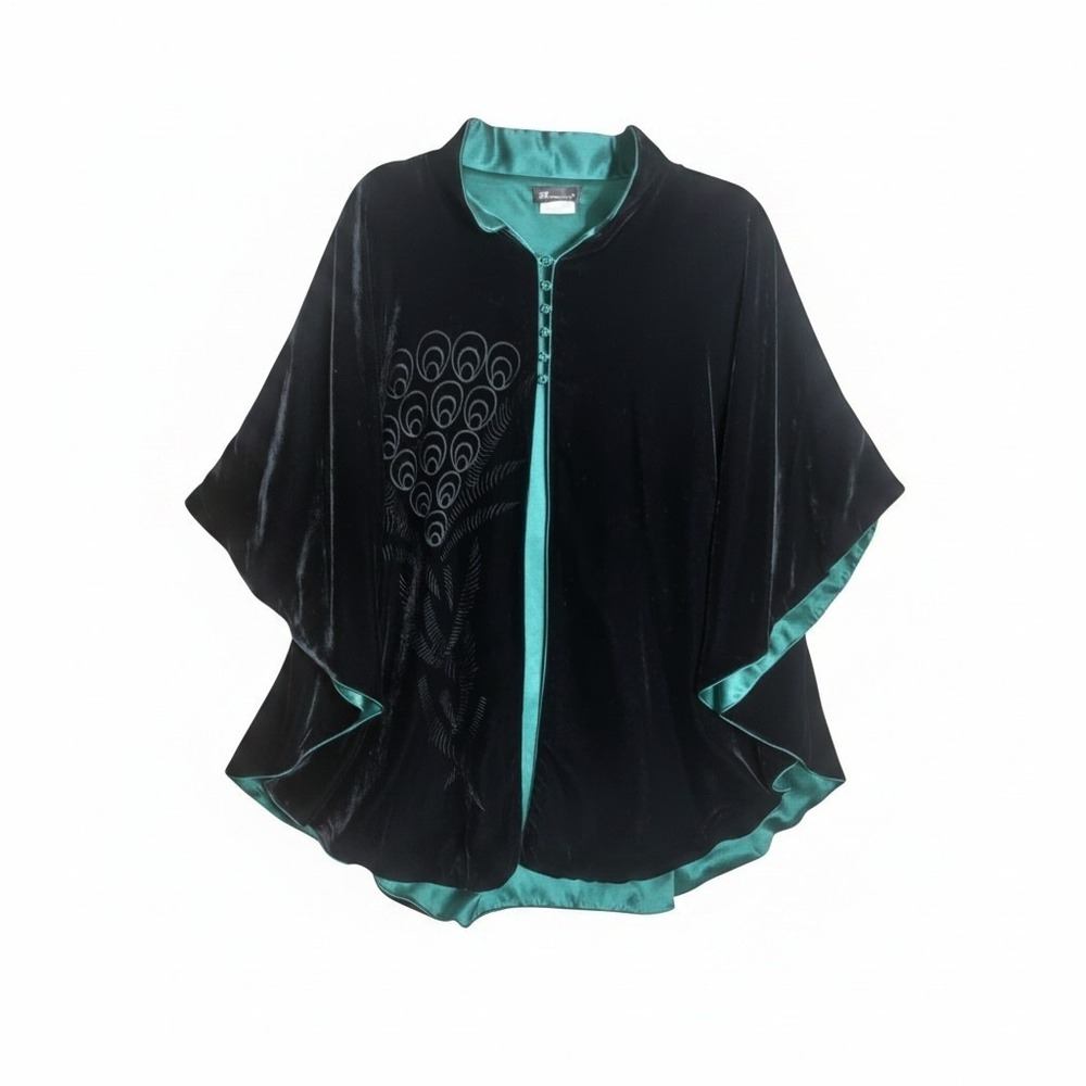 JJ Collection Womens Velvet Peacock Cape Silk Lined Green Black Wrap‎ One Size
